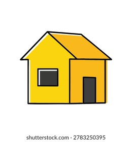 A simple hand drawn doodle of a small house with a yellow exterior a grey window and a grey door isolated on a white background