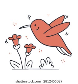 A simple hand drawn doodle of a small red hummingbird hovering near two blooming flowers in a garden setting