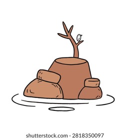 A simple hand drawn doodle of a small rocky island in water with a lone tree and a small bird perched on a branch