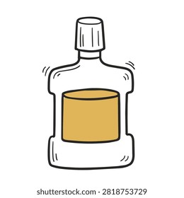 A simple hand drawn doodle of a small plastic bottle filled with a yellow substance isolated on a white background