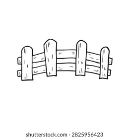 A simple hand drawn doodle of a small wooden fence section featuring vertical posts and horizontal slats in a rustic style isolated on a white background.