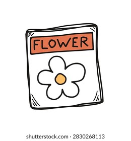 A simple hand drawn doodle of a small square packet labeled with the word flower and a simple flower graphic illustration