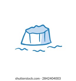 A simple hand drawn doodle of a small iceberg floating in blue water isolated on a white background