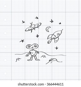 Simple hand drawn doodle of a space alien
