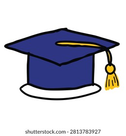 A simple hand drawn doodle of a square blue academic graduation cap featuring a yellow hanging tassel isolated on a white background