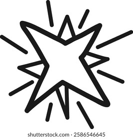 Simple, hand drawn doodle of a star bursting with light beams, evoking a sense of energy and excitement, perfect for adding a touch of whimsy to any project