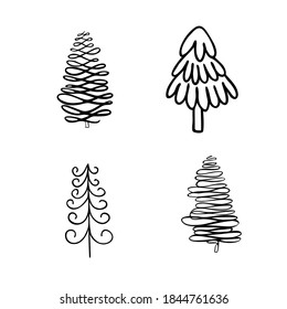 Simple hand drawn in doodle style Christmas tree set vector outline illustration for coloring book wintertime happy holidays celebration