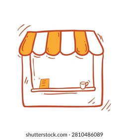 A simple hand drawn doodle style illustration of a small street food stall or market kiosk with an orange striped awning a menu board and a coffee cup