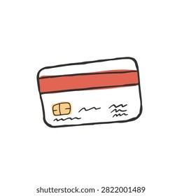 A simple hand drawn doodle style illustration of a generic credit card with a chip and a red stripe on a white background