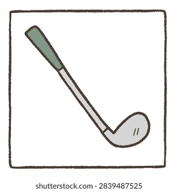 A simple hand drawn doodle style graphic of a golf club with a grey grip and metal head isolated in a square frame