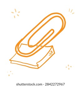 A simple hand drawn doodle style orange outline of a metal paperclip attached to a small stack of documents isolated on white