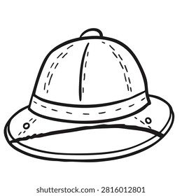 A simple hand drawn doodle of a traditional safari pith helmet isolated on a white background