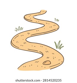 A simple hand drawn doodle of a winding brown dirt trail or path with patches of grass and a small rock isolated on white
