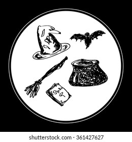 Simple hand drawn doodle of a witches set