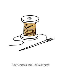 A simple hand drawn doodle of a wooden spool with brown thread wrapped around it and a single metal sewing needle lying next to it on a white background.