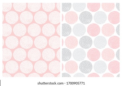 Simple Hand Drawn Dots Vector Pattern. Big Light Pink and Gray Dots on a White Background. White Circles on a Pink Layout. Abstract Dotted Print for Fabric,Textile, Wrapping Paper.