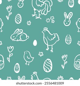 Simple Hand Drawn Easter Ornament. Easter Seamless Pattern with Bunnies, Eggs, and Chicks on Teal Background.