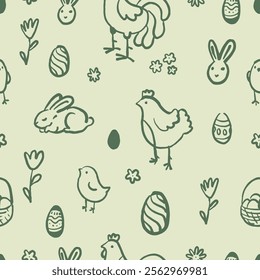 Simple Hand Drawn Easter Ornament. Easter Seamless Pattern with Bunnies, Eggs, and Chicks on Green Background.