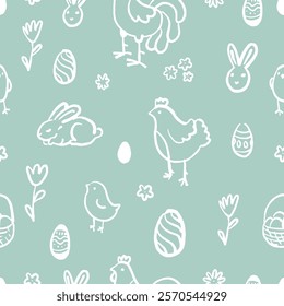 Simple Hand Drawn Easter Ornament. Easter Seamless Pattern with Bunnies, Eggs, and Chicks on Mint Background.