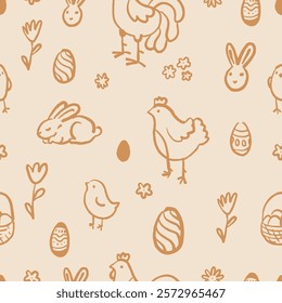 Simple Hand Drawn Easter Ornament. Easter Seamless Pattern with Bunnies, Eggs, and Chicks on Pastel Background.