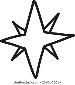 Simple, hand drawn eight pointed star shines brightly with a thick black outline against a clean white background, creating a bold and eye catching graphic element