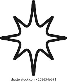 Simple, hand drawn eight pointed star radiating light and energy, isolated on white, perfect for designs related to christmas, hope, magic, and spirituality