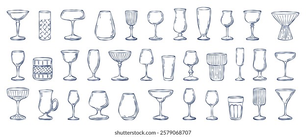 Simple hand drawn empty drink glass set. Vector line art minimalism wine, champagne, cocktail, juice glassware isolated elements collection