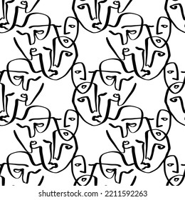 Simple hand drawn faces black and white trendy line portrait art. Abstract seamless pattern. Monochrome print for clothes, textile and other. Vector illustration. Good for posters, pillows, modern