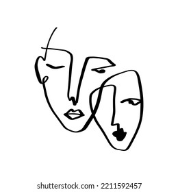 Simple hand drawn faces black and white trendy line portrait art. Abstract composition. Monochrome print for clothes, textile and other. Vector illustration. Good for posters, pillows, modern home
