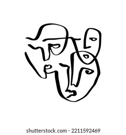 Simple hand drawn faces black and white trendy line portrait art. Abstract composition. Monochrome print for clothes, textile and other. Vector illustration. Good for posters, pillows, modern home
