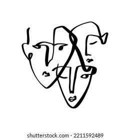 Sencillo dibujo a mano, caras de arte de retrato de línea de moda en blanco y negro. Composición abstracta. Impresión monocroma para ropa, textiles y otros. Ilustración vectorial. Bien para carteles, almohadas, hogar moderno