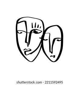 Simple hand drawn faces black and white trendy line portrait art. Abstract composition. Monochrome print for clothes, textile and other. Vector illustration. Good for posters, pillows, modern home