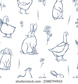 Simple hand drawn farm animals with decorative elements seamless pattern