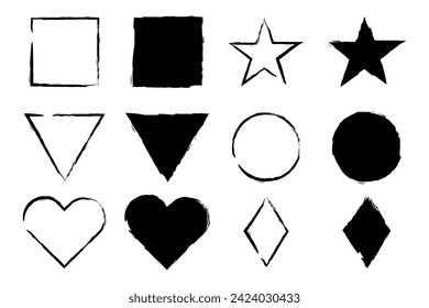 Simple hand drawn figures in grunge style. Shapes for design. Square, circle, triangle, star and diamond. Vector illustration isolated on white background.