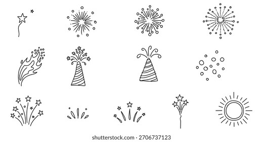 Sencilla hoja de Doodle de fuegos artificiales dibujada a mano: Diseños de chispa de línea delgada y limpia"
