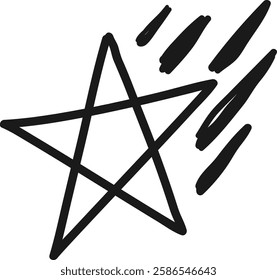Simple, hand drawn five pointed star is depicted with dynamic speed lines, conveying a sense of motion and progress, ideal for representing concepts of success, achievement, and rapid advancement
