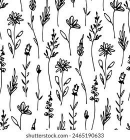 Simple hand drawn floral black and white vector seamless pattern. Wildflowers, meadow herbs. For prints on fabrics, packaging. Sketch in ink.