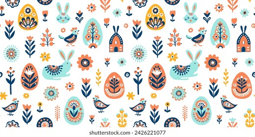 Simple Hand drawn floral Easter Scandinavian seamless pattern with rabbit bunny eggs. Nordic design Nature-inspired Scandinavian trendy style white background. Clean Whimsical vector illustration