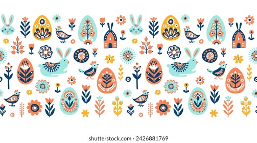 Simple Hand drawn floral Easter Scandinavian seamless pattern with rabbit bunny eggs. Nordic design Nature-inspired Scandinavian trendy style white background. Clean Whimsical vector illustration