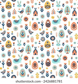 Simple Hand drawn floral Easter Scandinavian seamless pattern with rabbit bunny eggs. Nordic design Nature-inspired Scandinavian trendy style white background. Clean Whimsical vector illustration