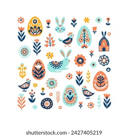 Simple Hand drawn floral Easter Scandinavian pattern with rabbit bunny eggs. Nordic design Nature-inspired Scandinavian trendy style white background. Clean Whimsical vector illustration