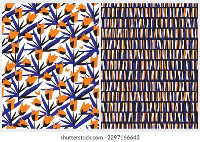 Simple Hand Drawn Floral and Geometric Seamless Vector Patterns. Tulip Flowers and Leaves Isolated on a White Backgrounds. Infantile Style Abstract Garden Design. Abstract Repeatable Print.