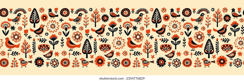 Simple Hand drawn floral minimalist Scandinavian seamless pattern with birds and flowers. Nordic design Nature-inspired Scandinavian trendy style White background. Clean Whimsical vector illustration