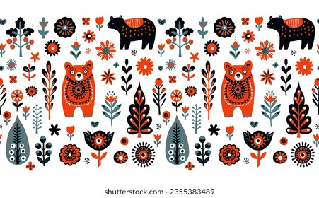 Simple Hand drawn floral minimalist Scandinavian seamless pattern with bears, christmas tree forest, flowers. Nordic design Nature-inspired trendy style background. Clean Whimsical vector illustration