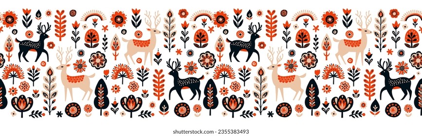 Simple Hand drawn floral minimalist Scandinavian seamless pattern with deers, christmas tree forest, flowers. Nordic design Nature-inspired trendy style background. Clean Whimsical vector illustration