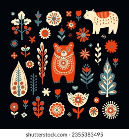 Simple Hand drawn floral minimalist Scandinavian pattern with bears, christmas tree forest, flowers. Nordic design Nature-inspired trendy style background. Clean Whimsical design vector illustration