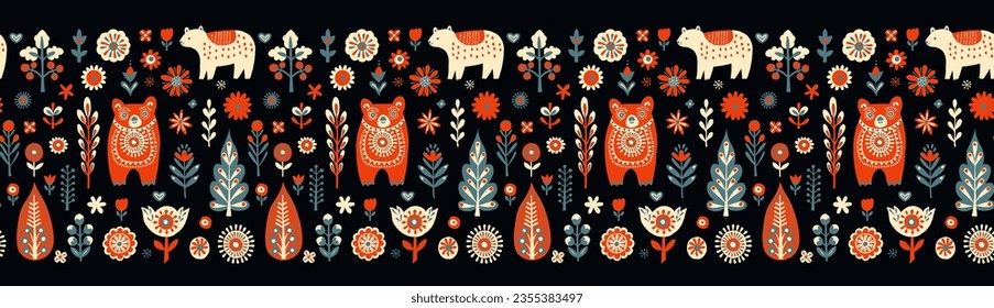 Simple Hand drawn floral minimalist Scandinavian seamless pattern with bears, christmas tree forest, flowers. Nordic design Nature-inspired trendy style background. Clean Whimsical vector illustration