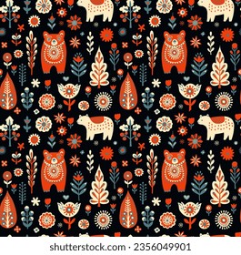 Simple Hand drawn floral minimalist Scandinavian seamless pattern with bears, christmas tree forest, flowers. Nordic design Nature-inspired trendy style background. Clean Whimsical vector illustration