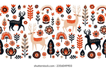 Simple Hand drawn floral minimalist Scandinavian seamless pattern with deers, christmas tree forest, flowers. Nordic design Nature-inspired trendy style background. Clean Whimsical vector illustration