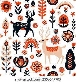 Simple Hand drawn floral minimalist Scandinavian seamless pattern with deers, christmas tree forest, flowers. Nordic design Nature-inspired trendy style background. Clean Whimsical vector illustration